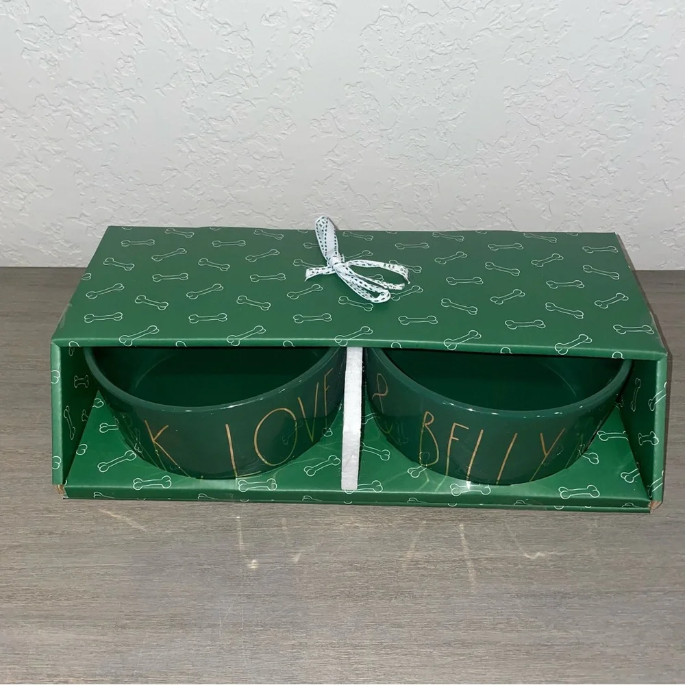 Rae Dunn Set of 2 Pet Bowls: BARK, LOVE & BELLY RUB Green with Gold lettering - Picture 6 of 7
